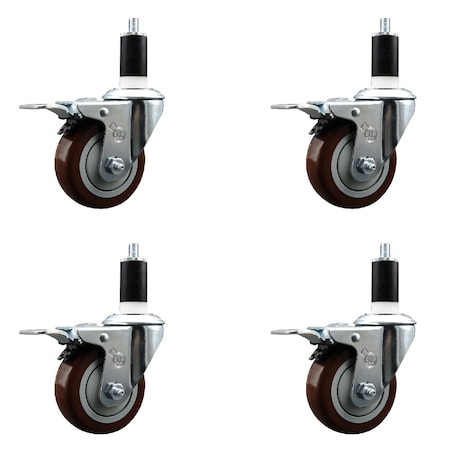 Service Caster 3.5'' Maroon Poly Swivel 1-3/8'' Expanding Stem Caster Set Total Lock Brake, 4PK SCC-EXTTL20S3514-PPUB-MRN-138-4